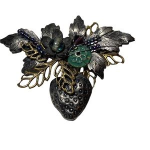 Cara Stimmel Strawberry Leaves Beads Signed Vintage Brooch